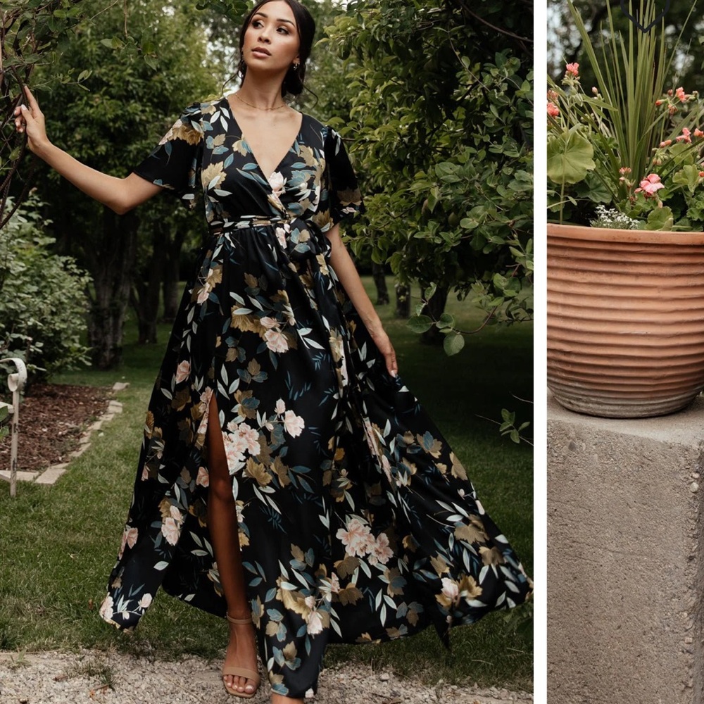 Black floral satin dress